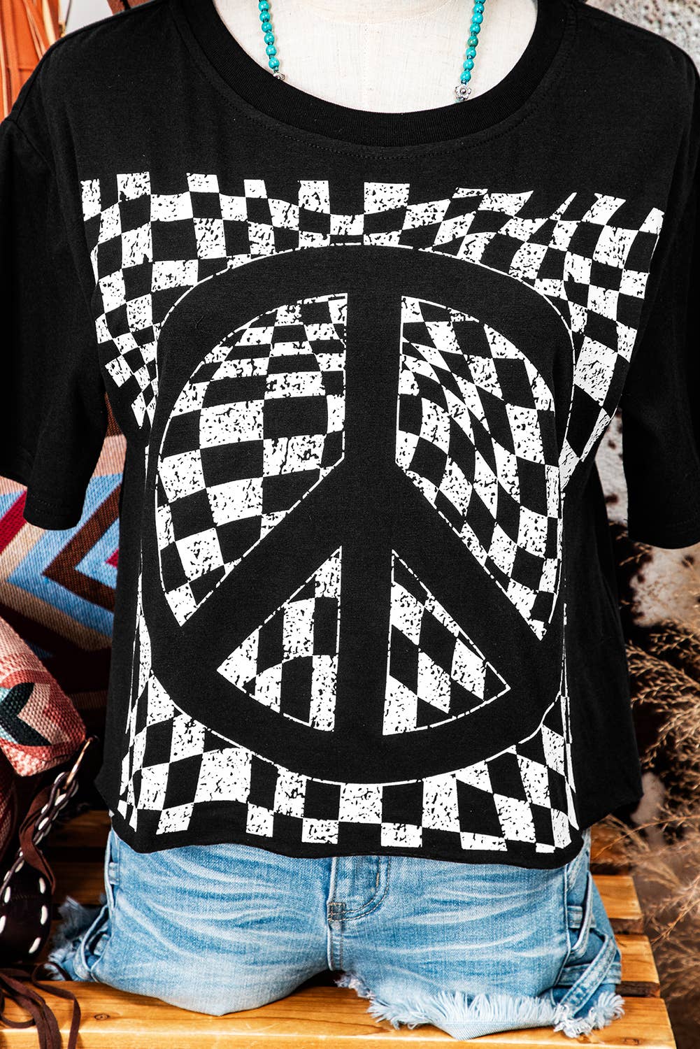 Checkerboard Peace Sign Printed Round Neck T Shirt