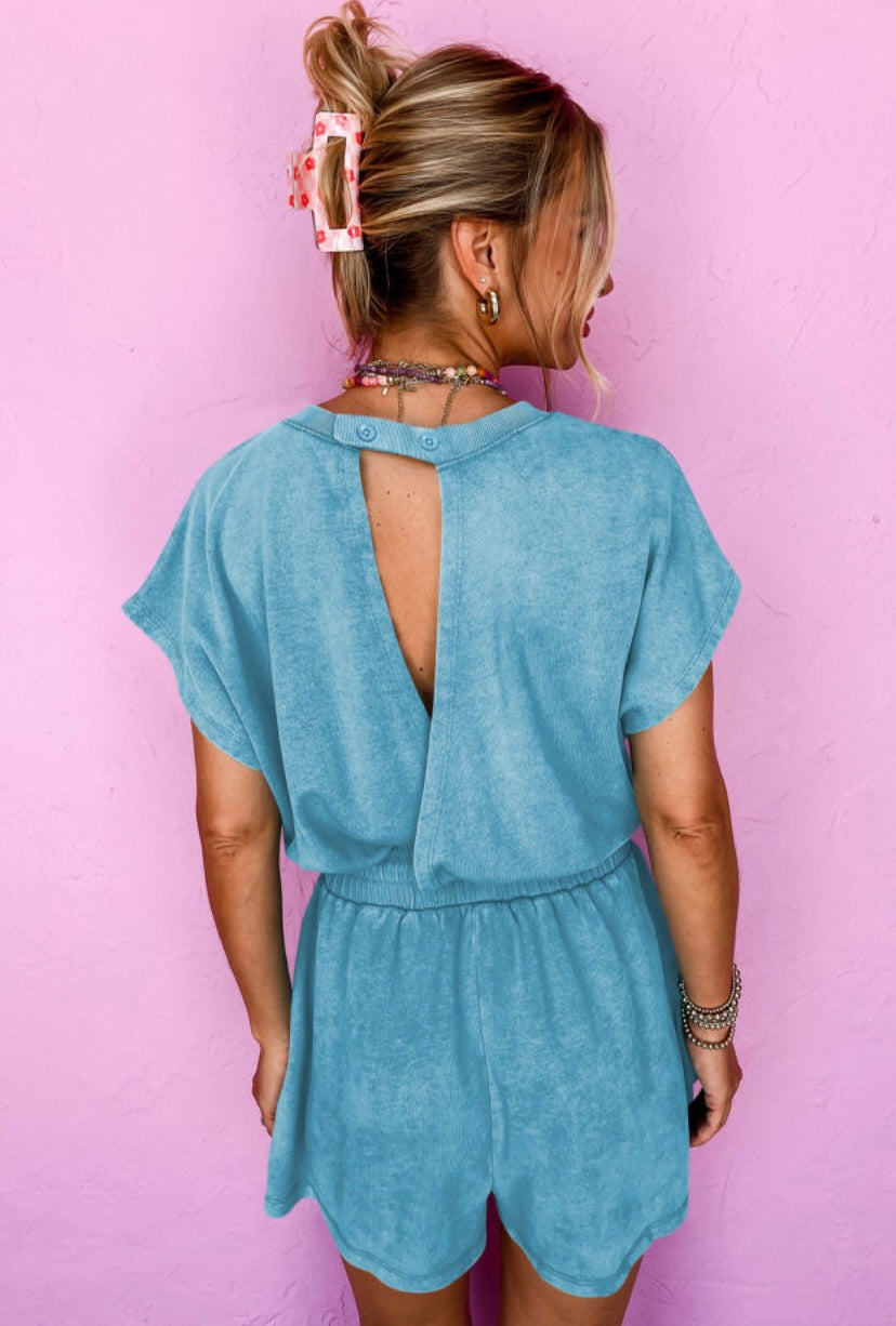 Blue mineral wash open back romper