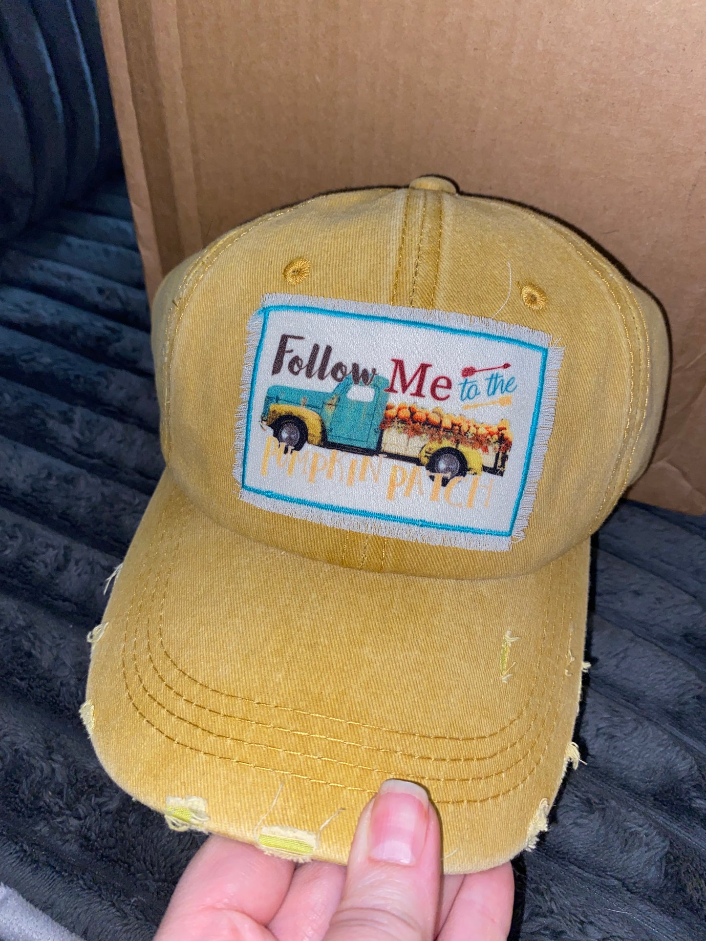 Mustard Hat with "Follow Me To The Pumpkin Patch" Patch