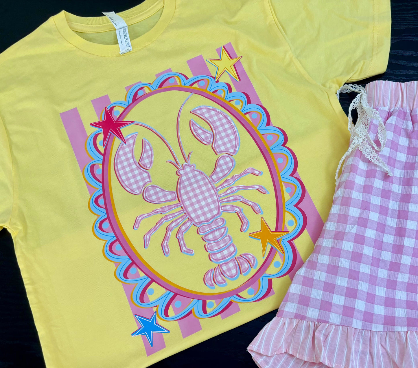 Pink Gingham Lobster Yellow Graphic Tee