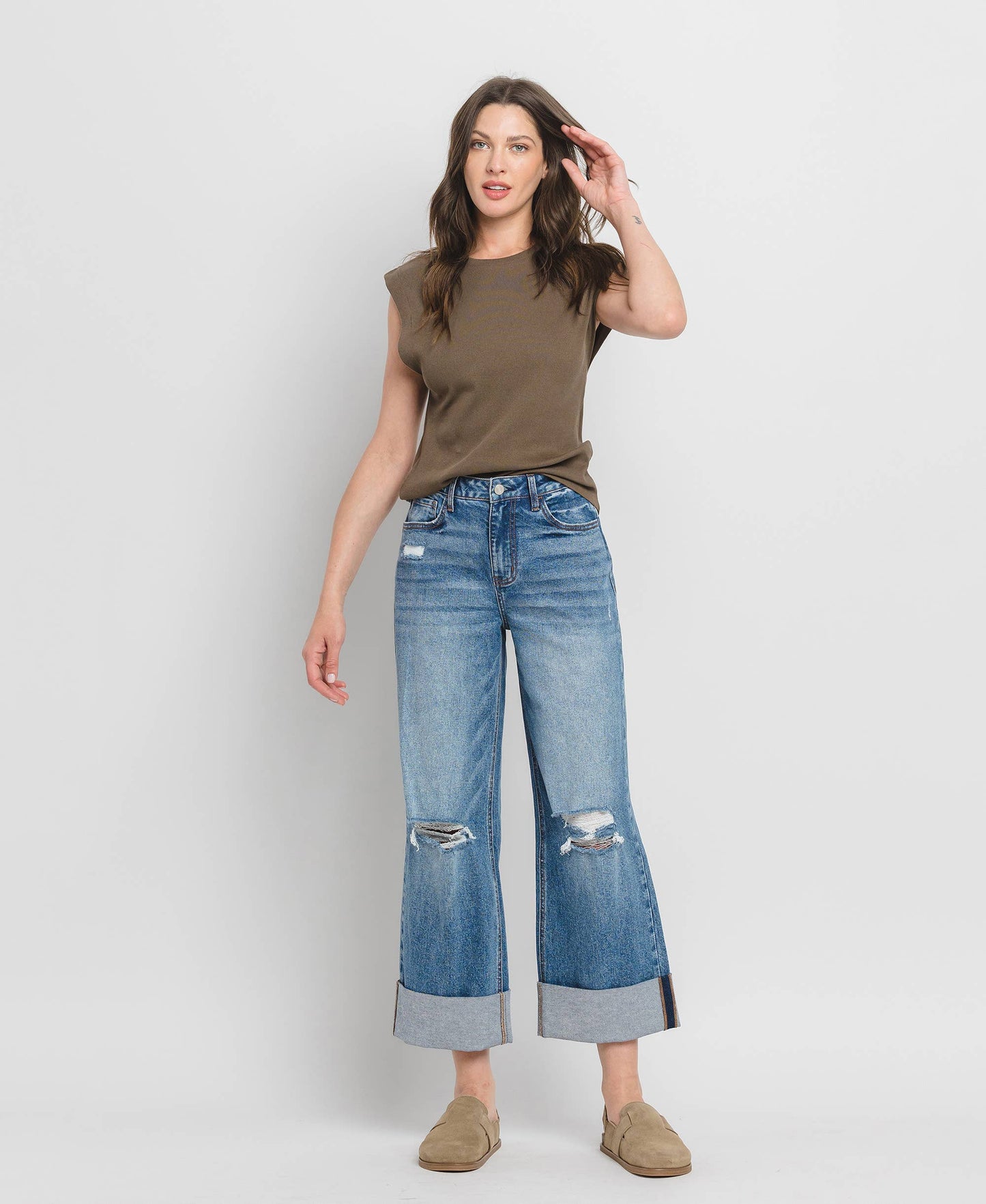 Super High Rise Double Cuffed Baggy Wide Jeans