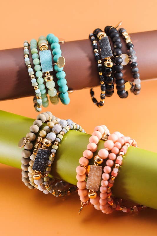 PEACH DRUZY WOOD NATURAL BEAD 4 ROW STRETCH BRACELET SET