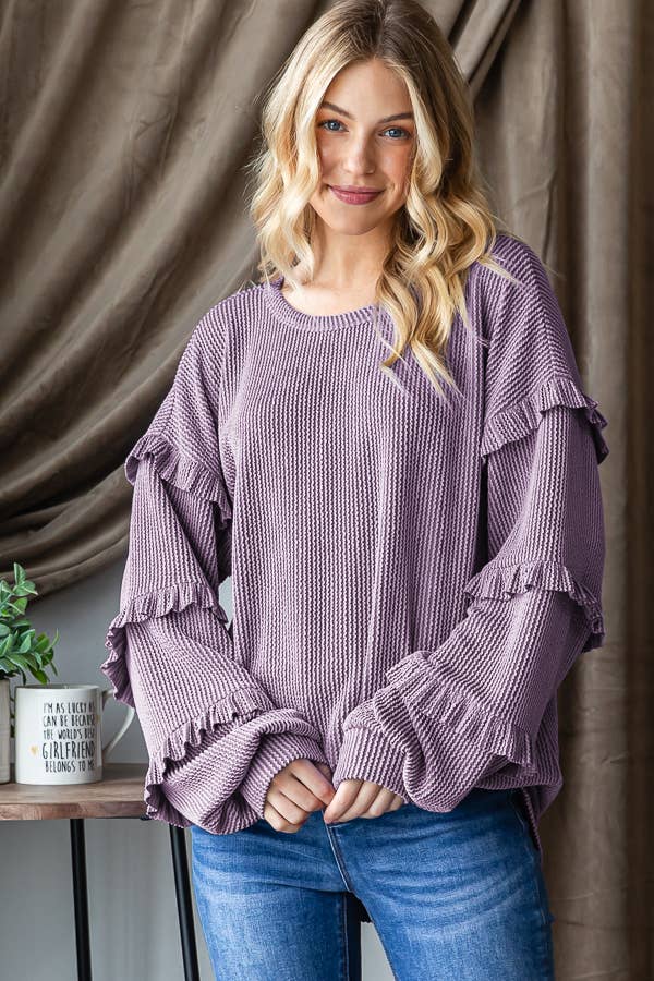 Coral Ruffle Sleeve Long Sleeve Top