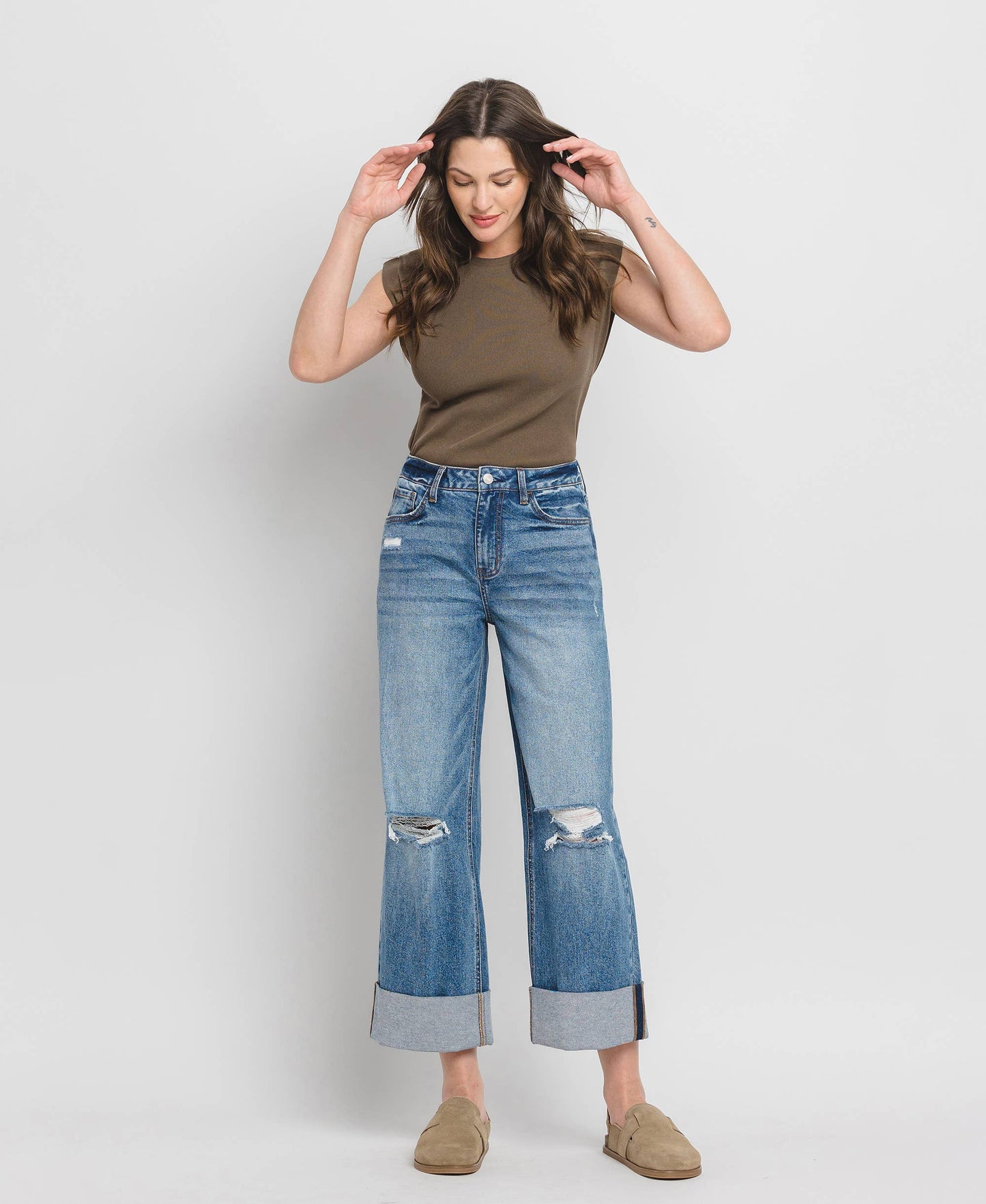 Super High Rise Double Cuffed Baggy Wide Jeans