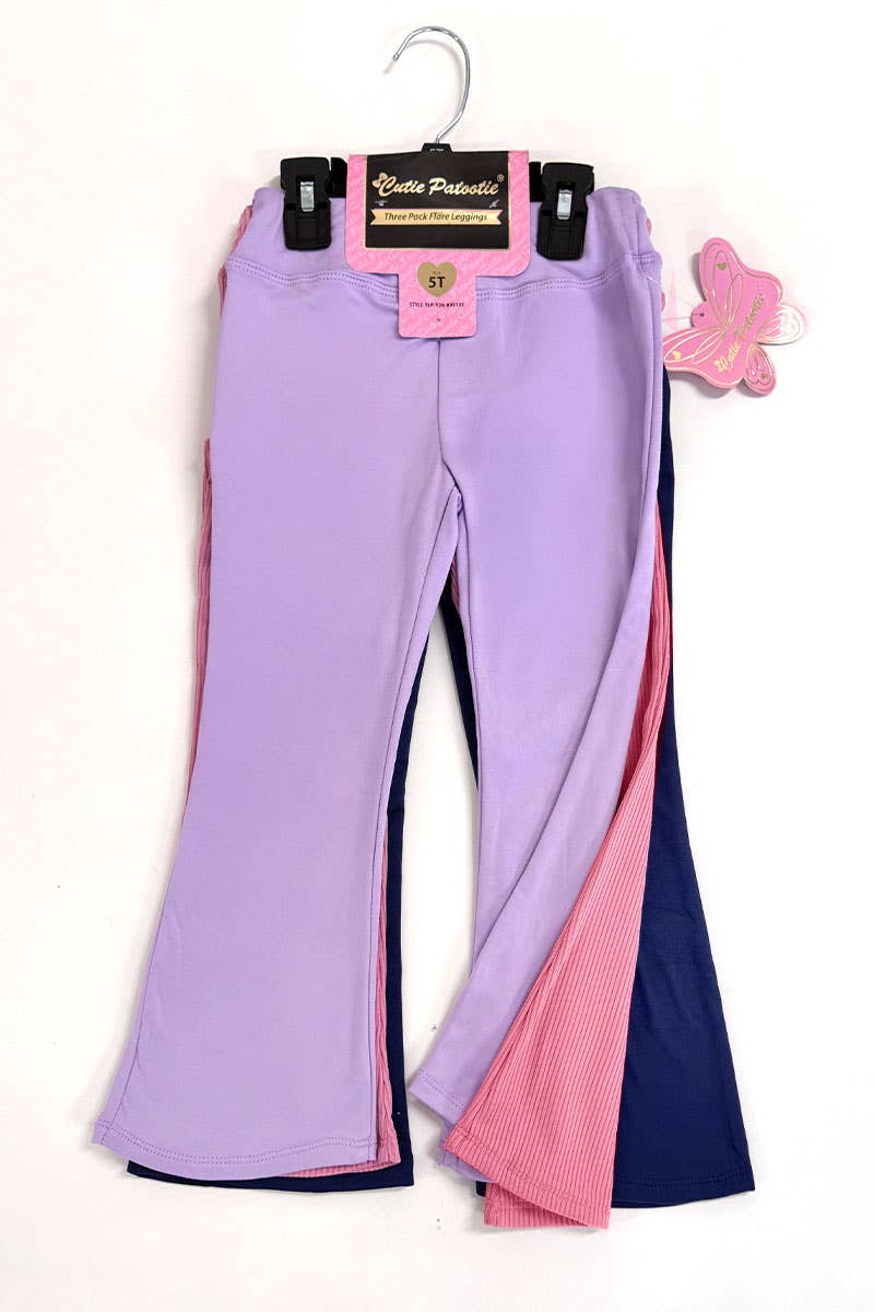 Girls 3pc/Pack Cozy Flare Legging Set: Navy/Dusty Pink/Lilac