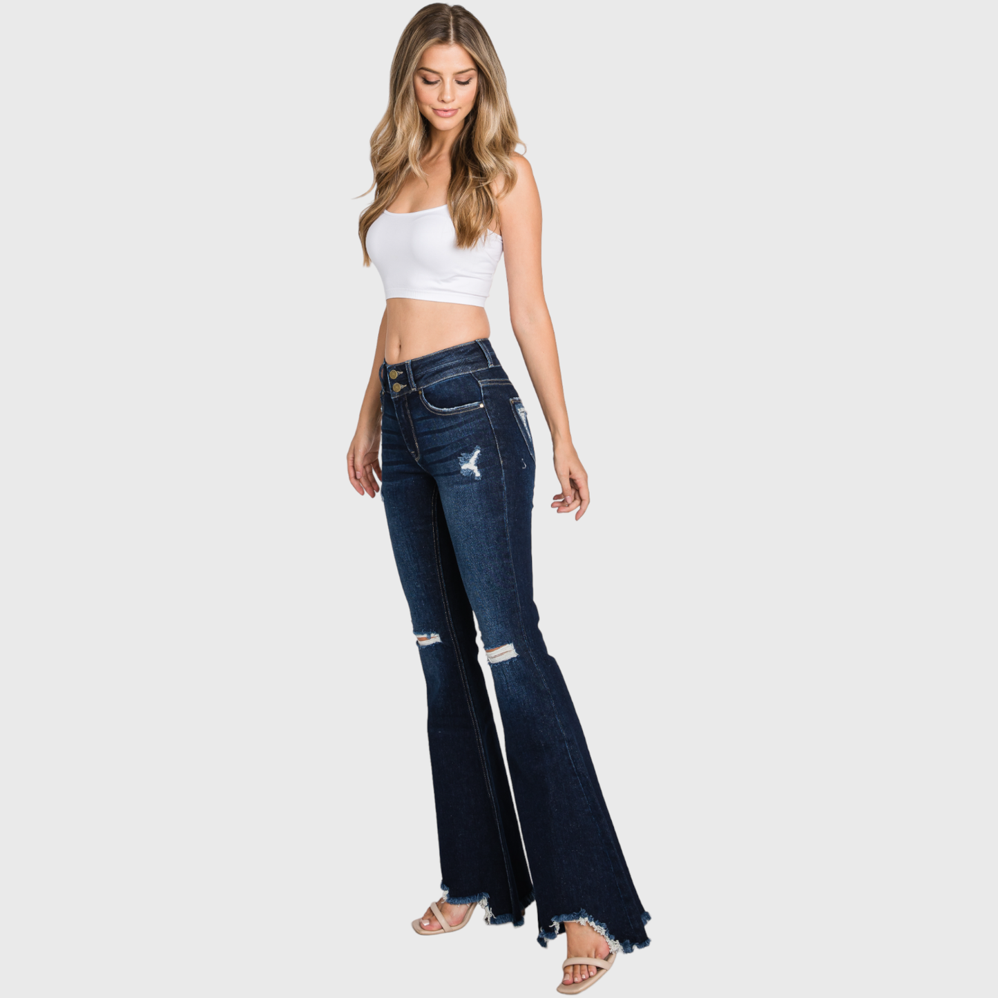Petite Dark Washed Distressed Flare Jeans