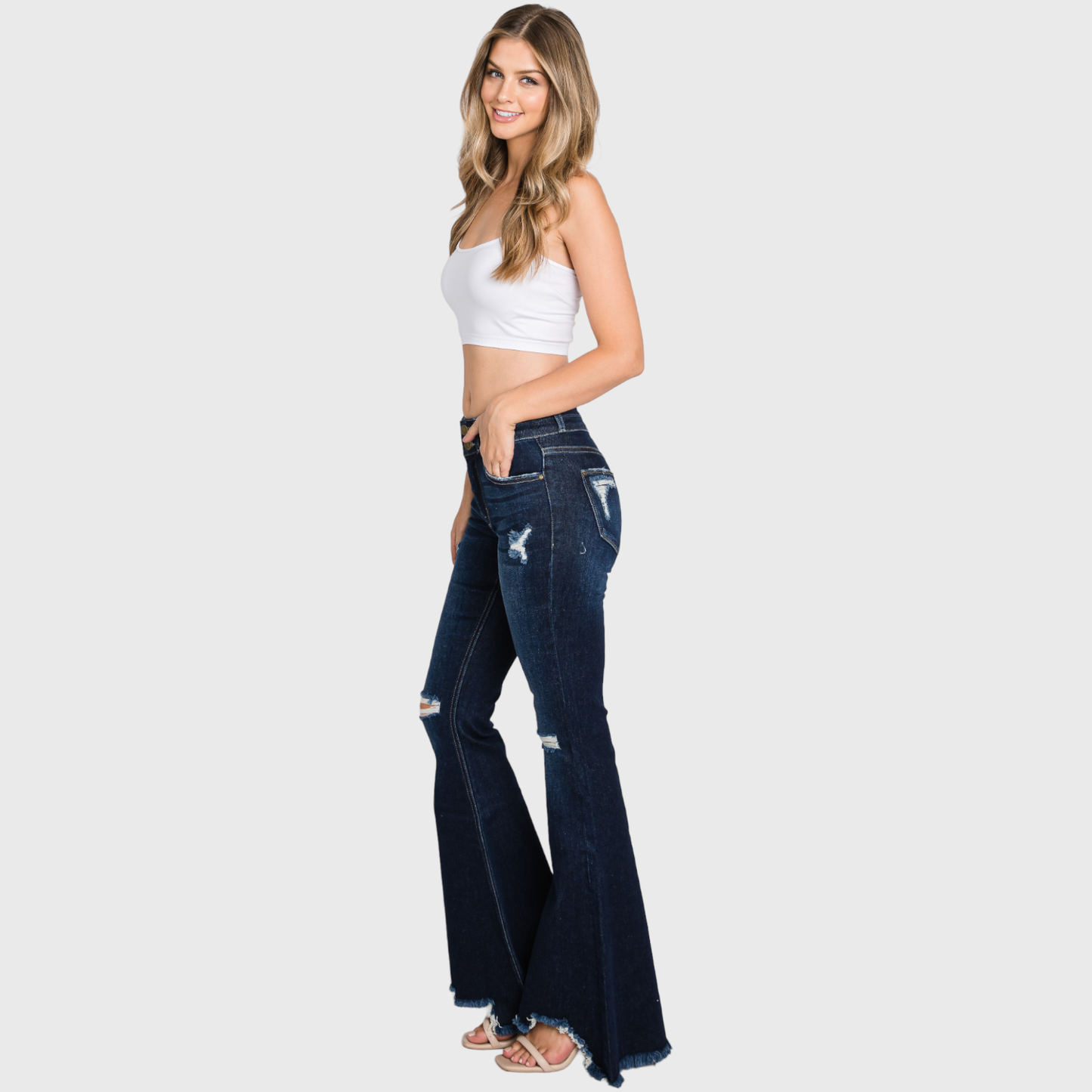 Petite Dark Washed Distressed Flare Jeans