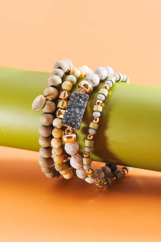 BLACK DRUZY WOOD NATURAL BEAD 4 ROW STRETCH BRACELET SET