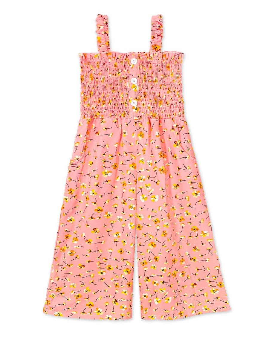 Kids Peach Romper w/ Smocking & Side Pockets