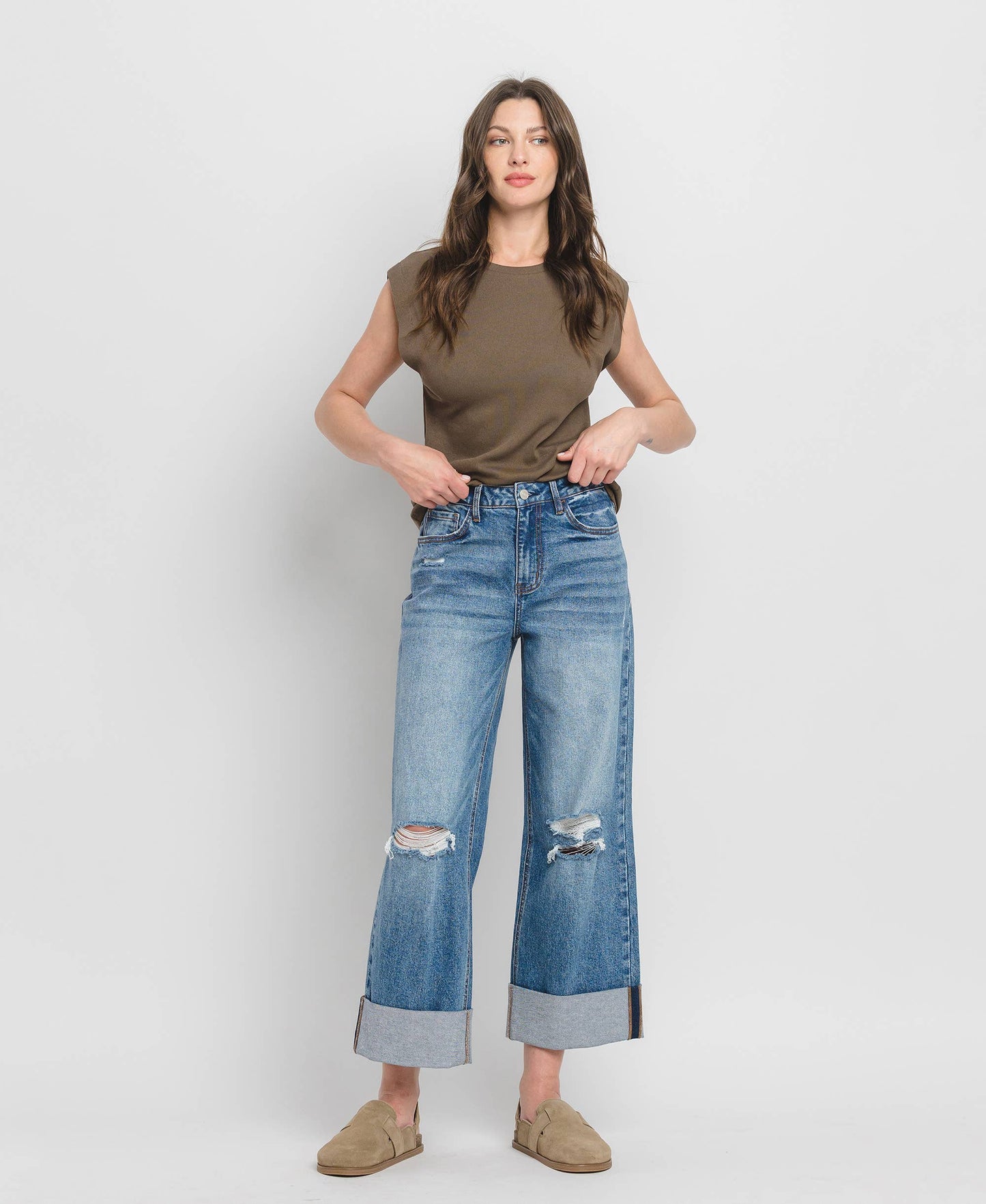 Super High Rise Double Cuffed Baggy Wide Jeans