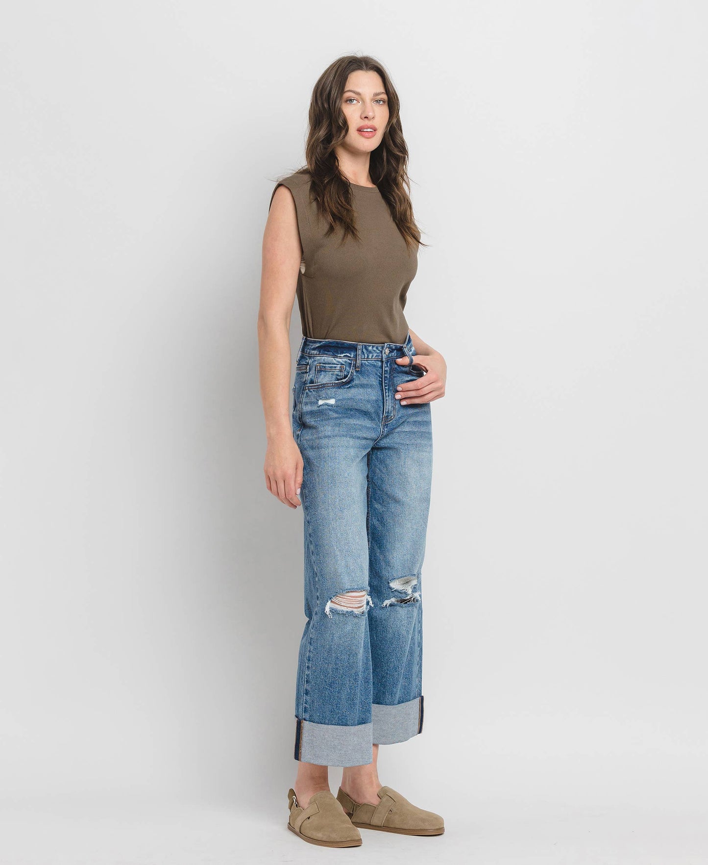 Super High Rise Double Cuffed Baggy Wide Jeans