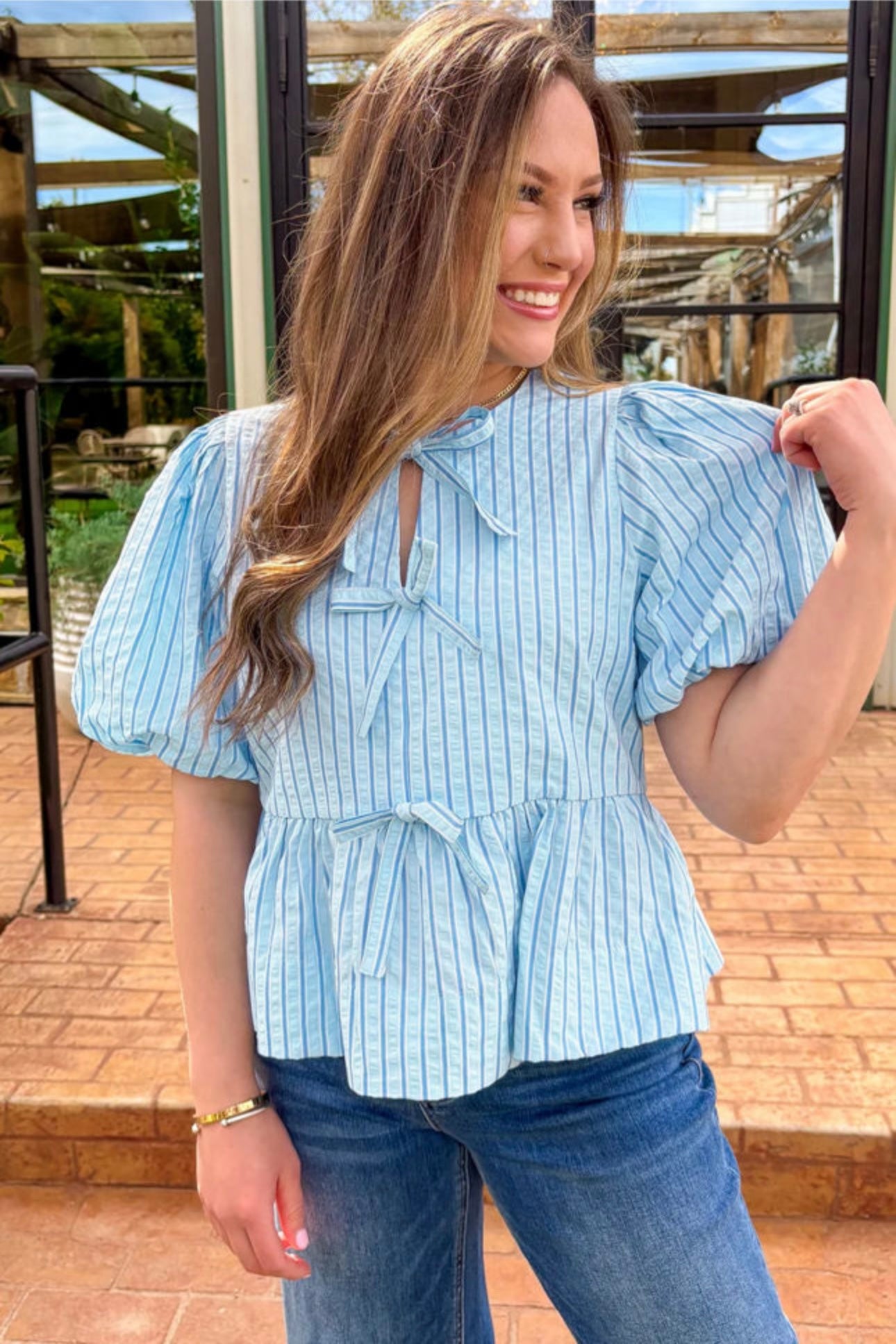 Sky Blue Babydoll Top with Ties & Puff Sleeves