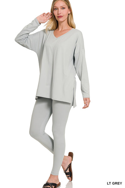 Gray Microfiber Leggings Set with Long Sleeve Top