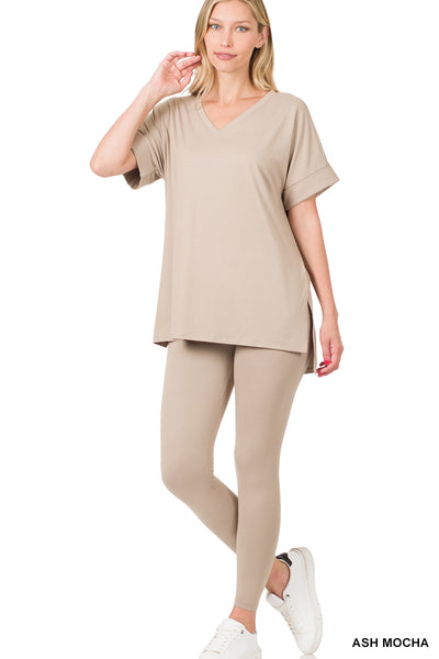 Mocha Microfiber Leggings Set with Short Sleeve Top