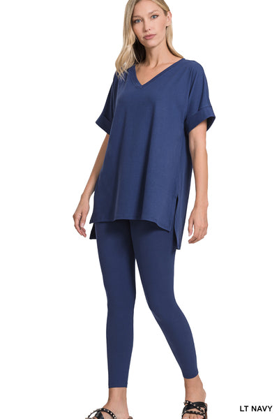 Navy Microfiber Leggings Set with Short Sleeve Top
