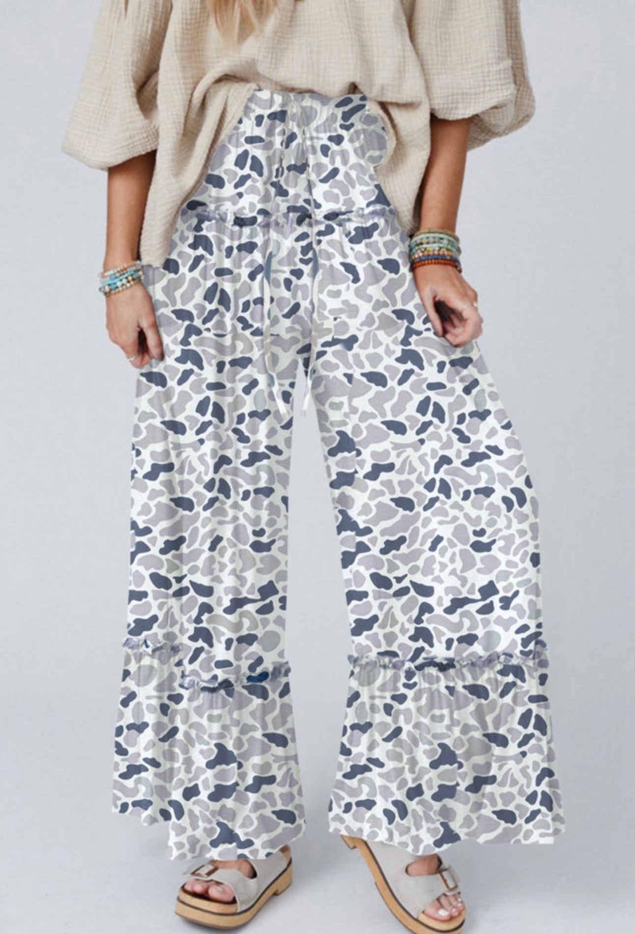 Camo Print Wide Leg Ruffle Pant