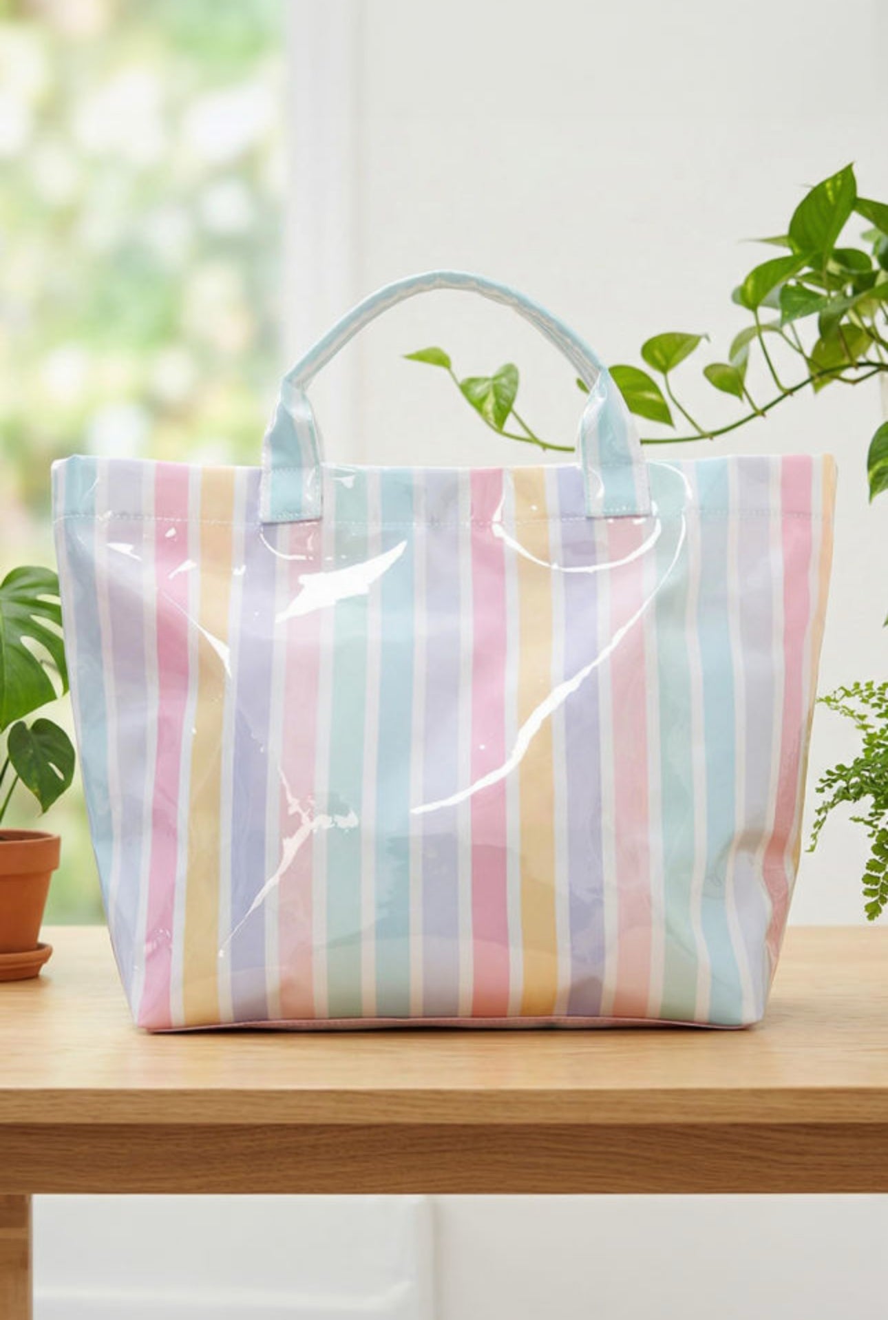 Pastel striped vinyl tote bag