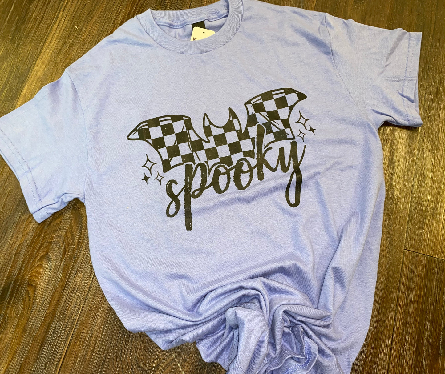 Checkered Bat Spooky Print Violet Graphic Tee