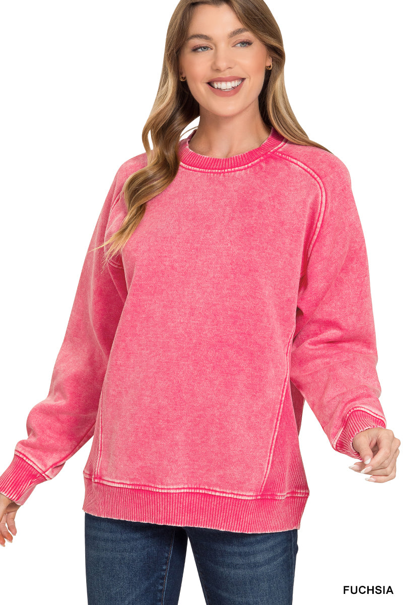 Fuchsia Acid Wash Fleece Sweatshirt