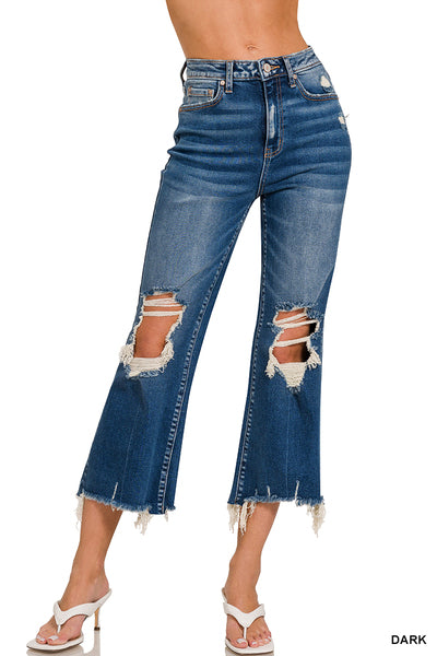 Distressed Knee Raw Frayed Hem Cropped Denim Pants