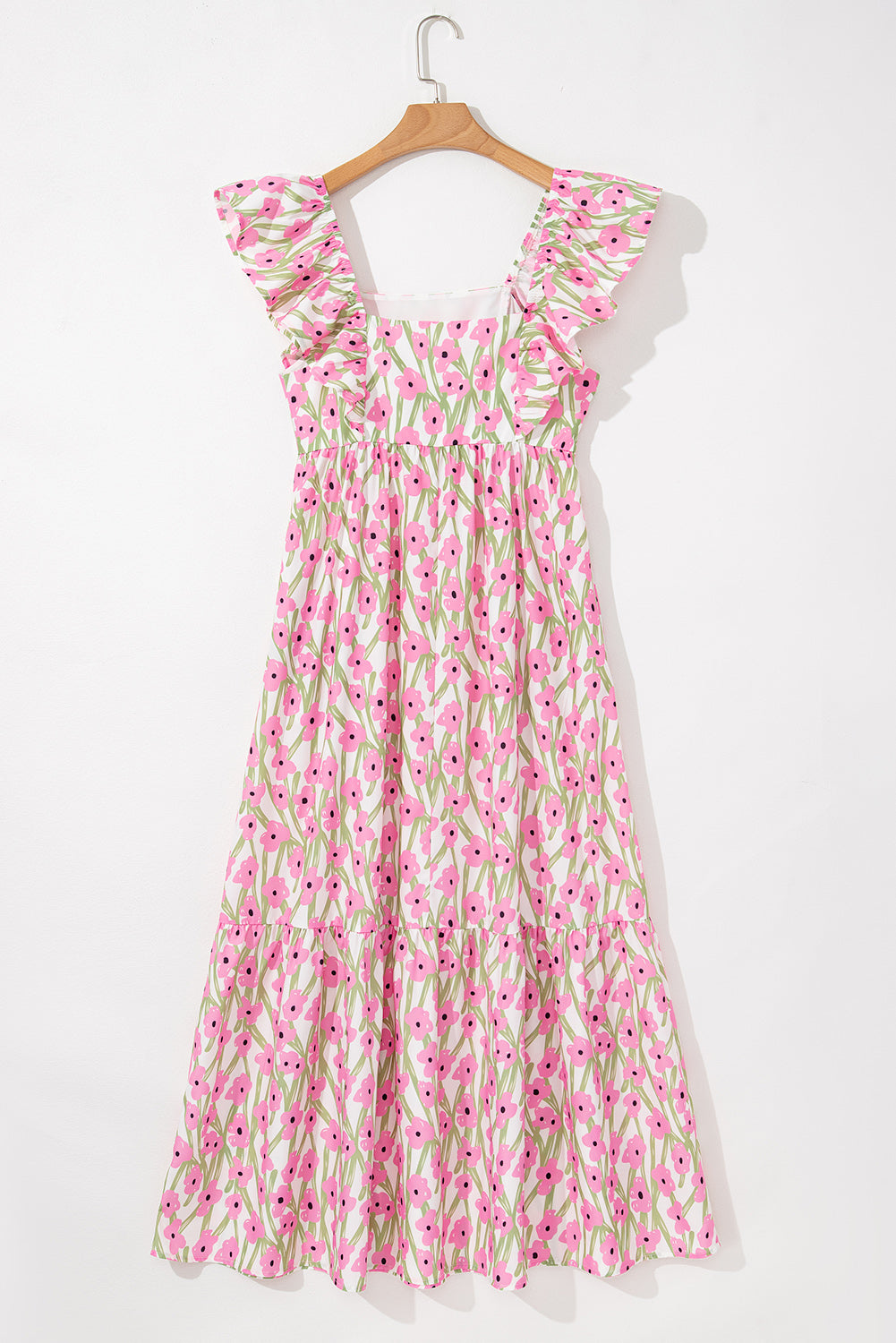 Pink Floral Ruffled Strap Maxi Dress