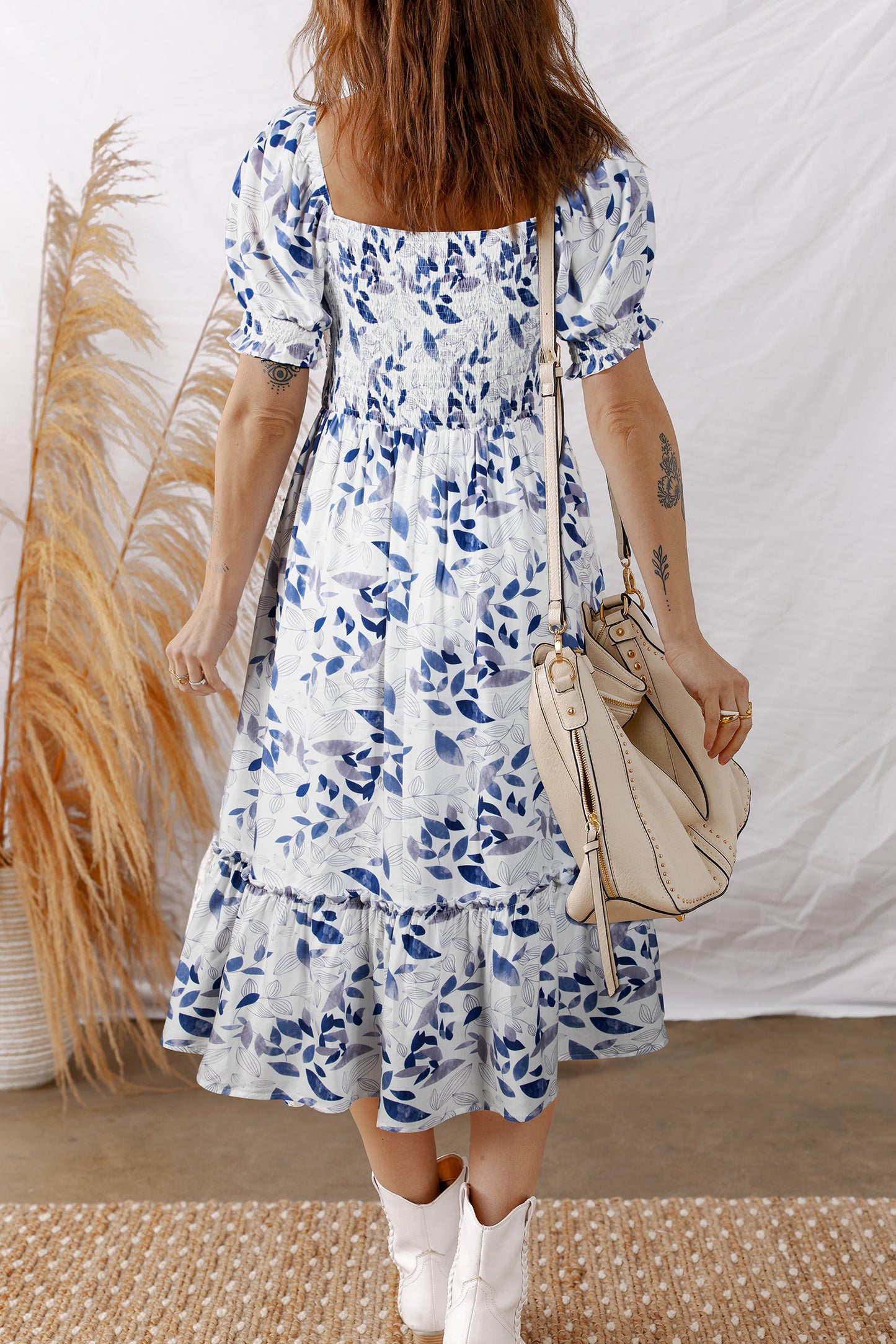 Blue Floral Smocked Tiered Dress with Puff Sleeves