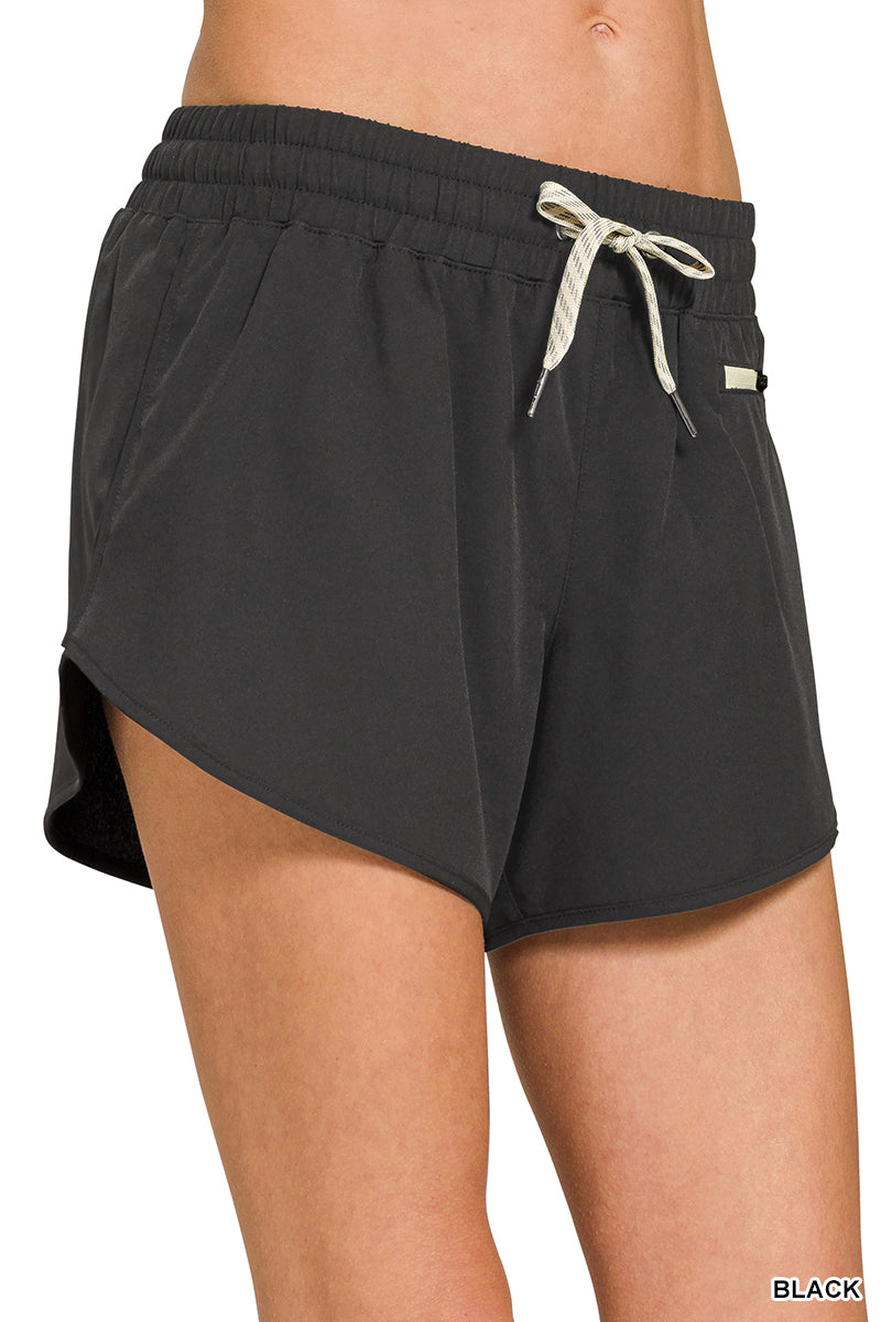 Black Soft Lined Workout Shorts with Zip Pocket