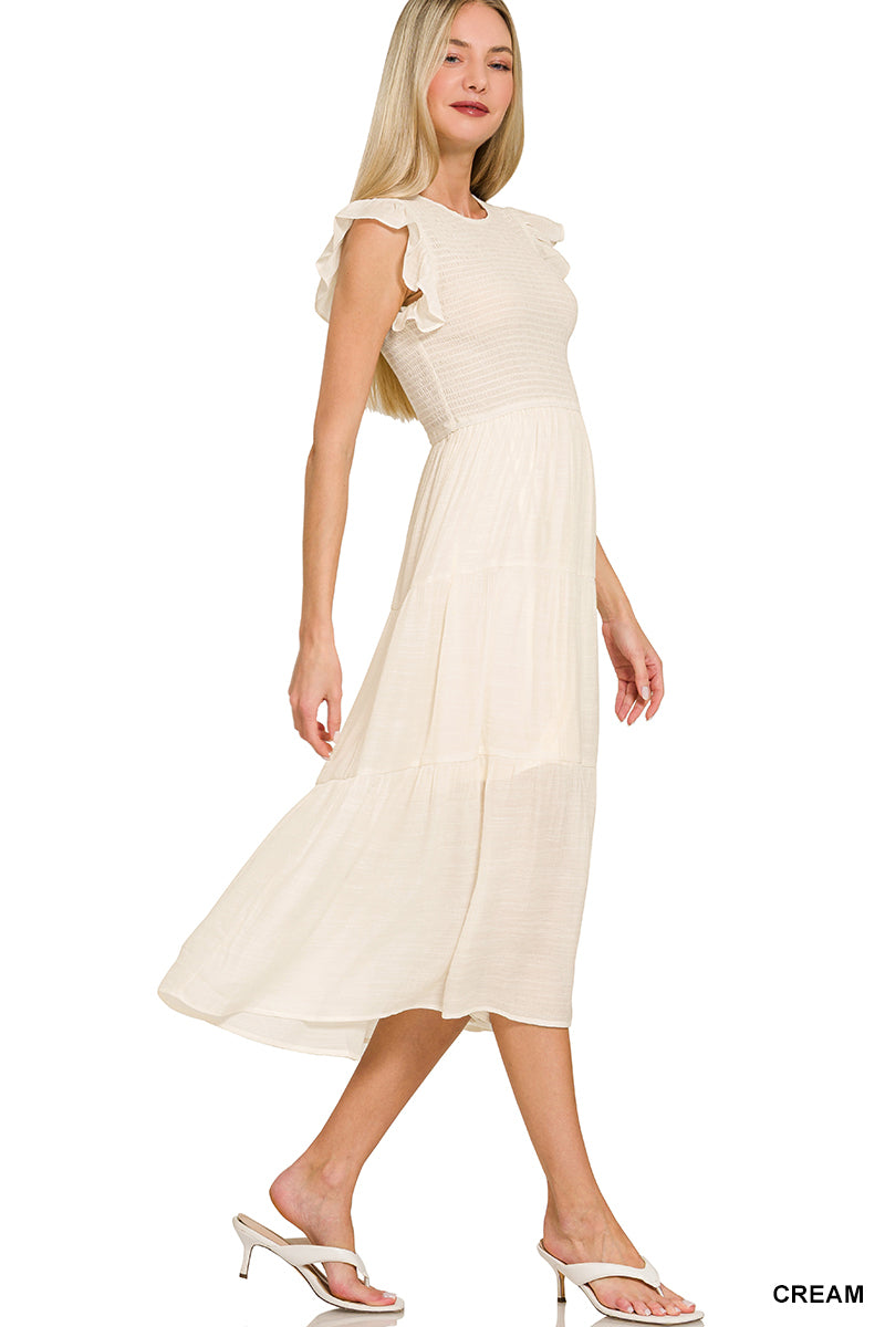 Cream Woven Smocked Ruffle Sleeve Midi Dress