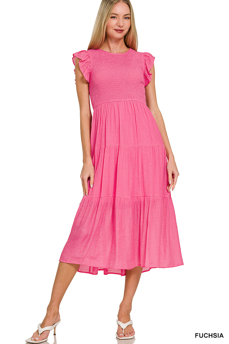Fuchsia Woven Smocked Ruffle Sleeve Midi Dress
