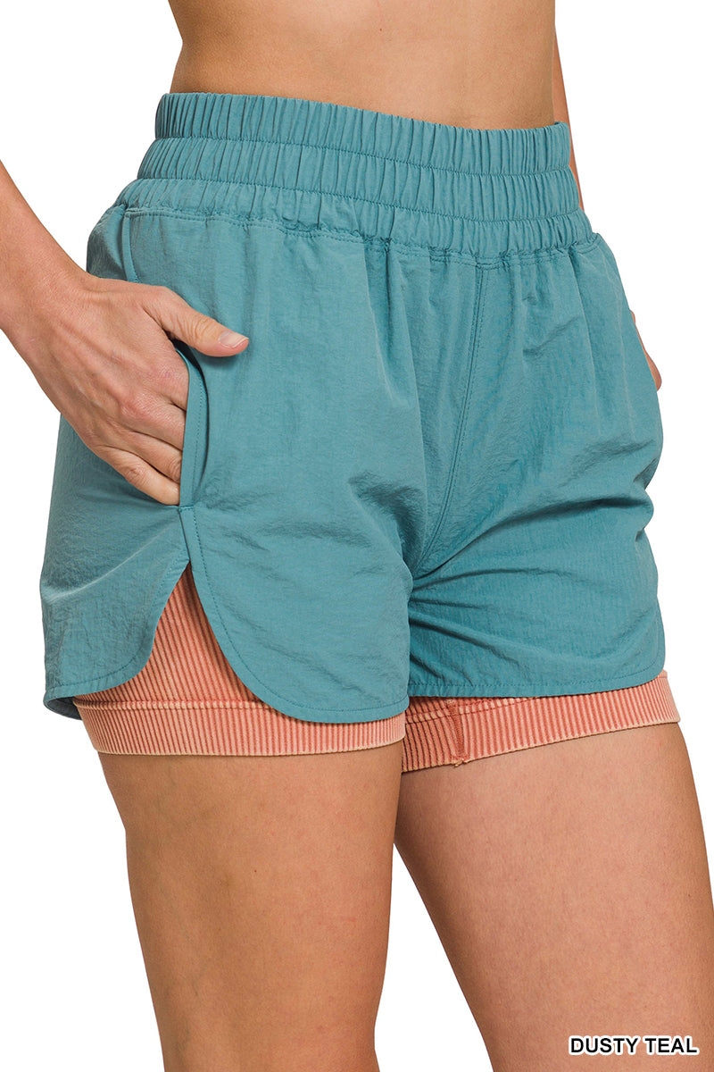 Dusty Teal Wide Band Windbreaker Running Shorts