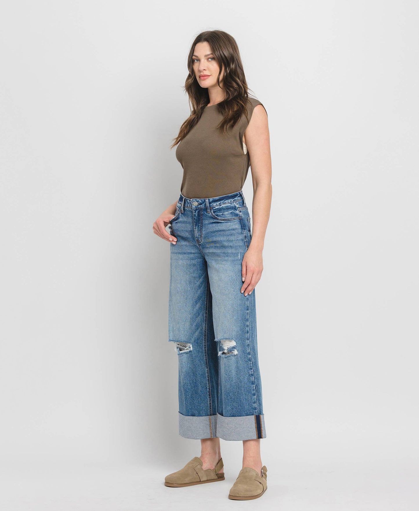 Super High Rise Double Cuffed Baggy Wide Jeans