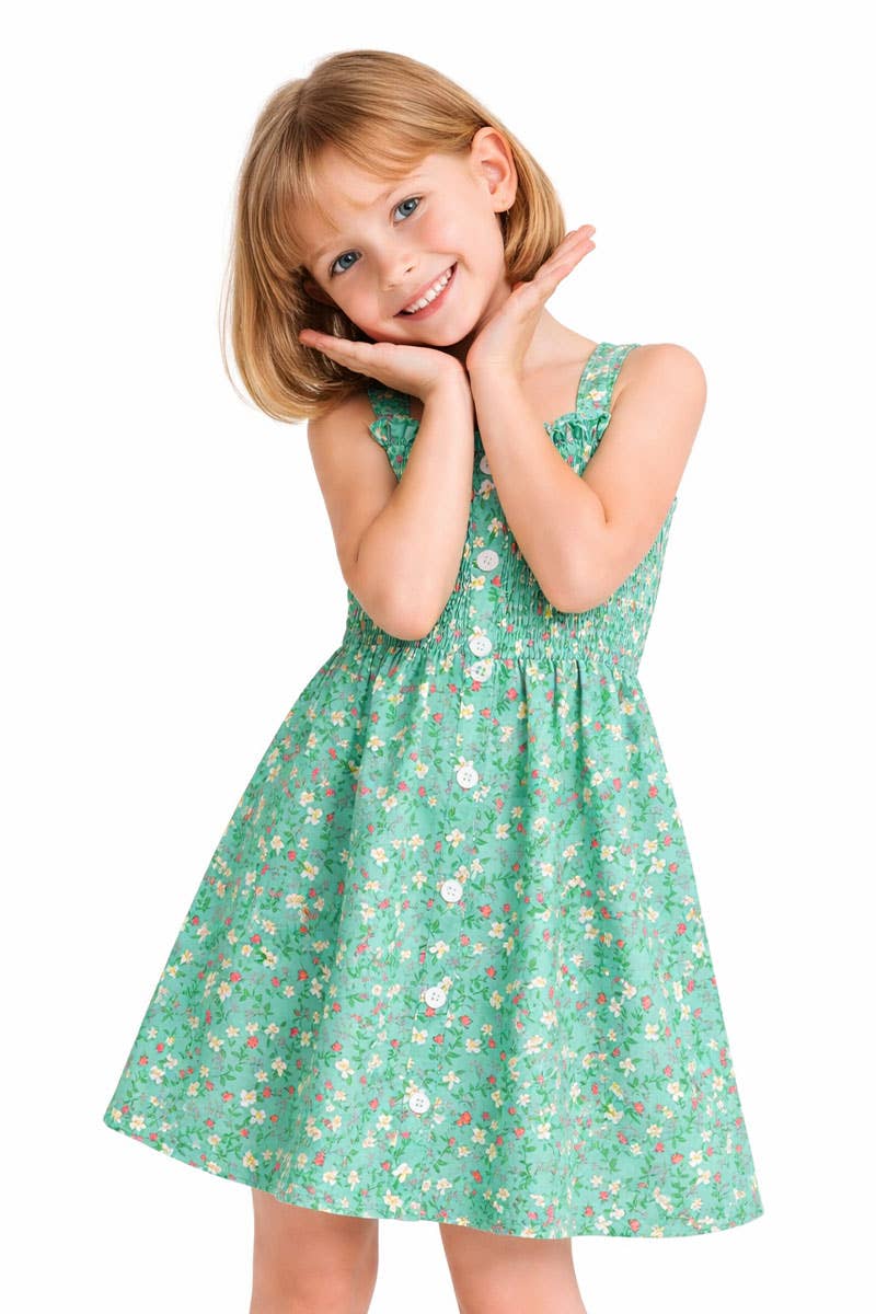 Girl's Teal Floral Dress w/ Smocking & Buttons