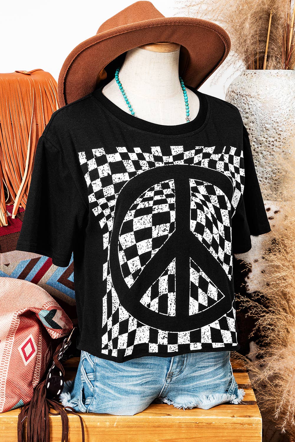 Checkerboard Peace Sign Printed Round Neck T Shirt