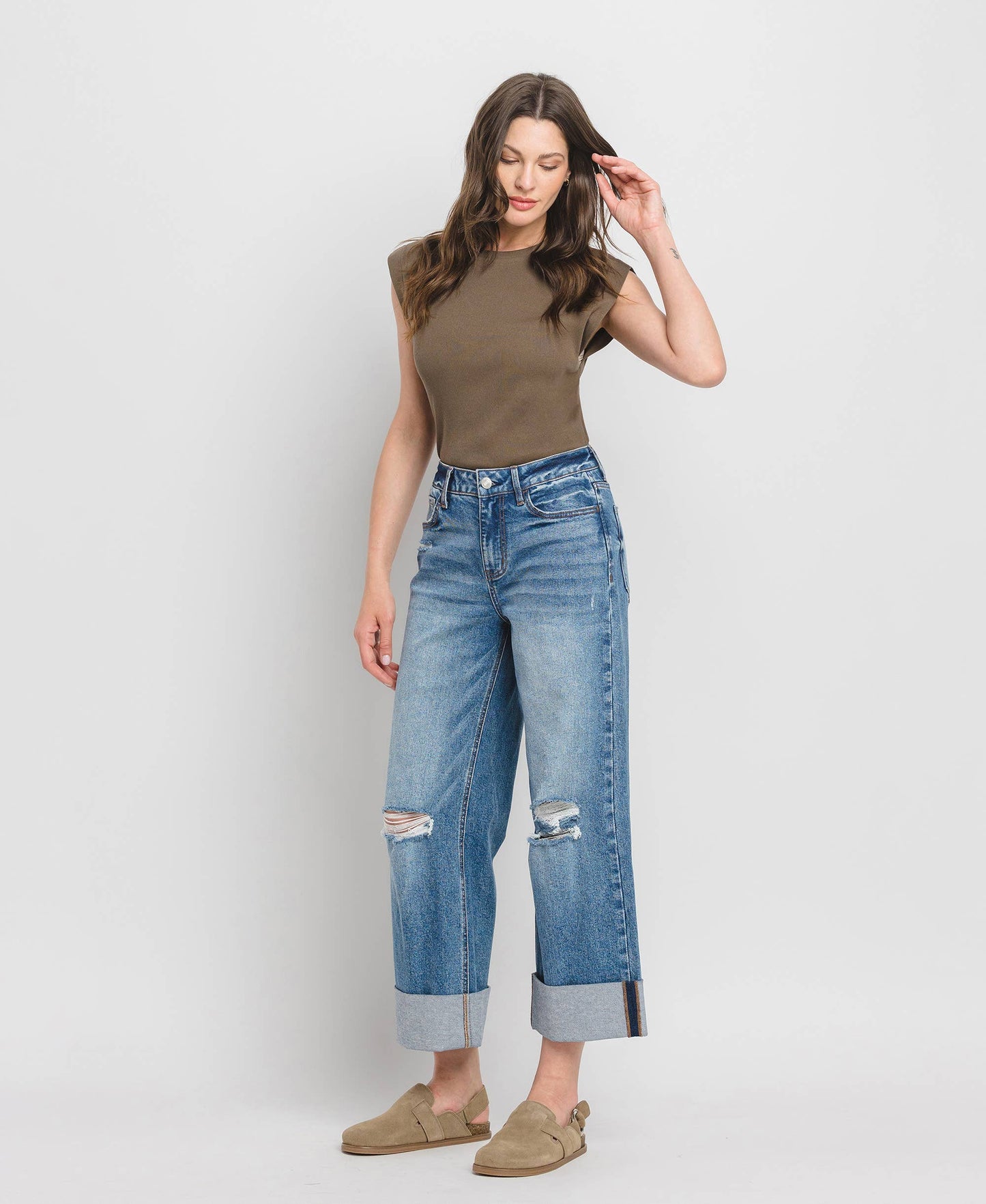 Super High Rise Double Cuffed Baggy Wide Jeans