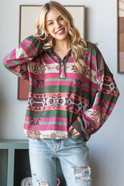 Aztec Print Hooded Long Sleeve Top