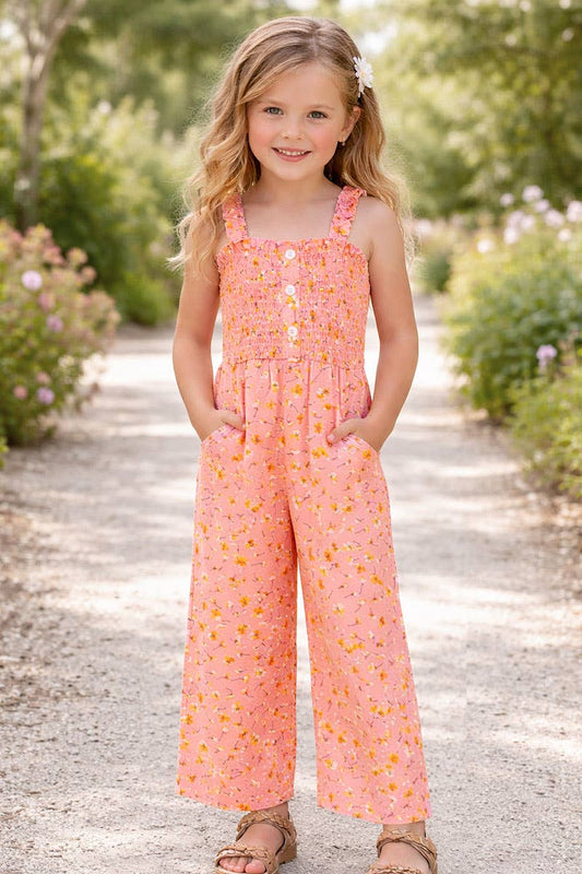 Kids Peach Romper w/ Smocking & Side Pockets