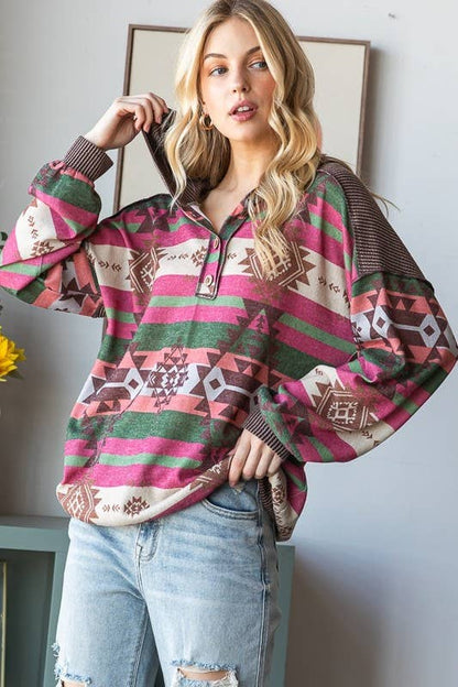 Aztec Print Hooded Long Sleeve Top