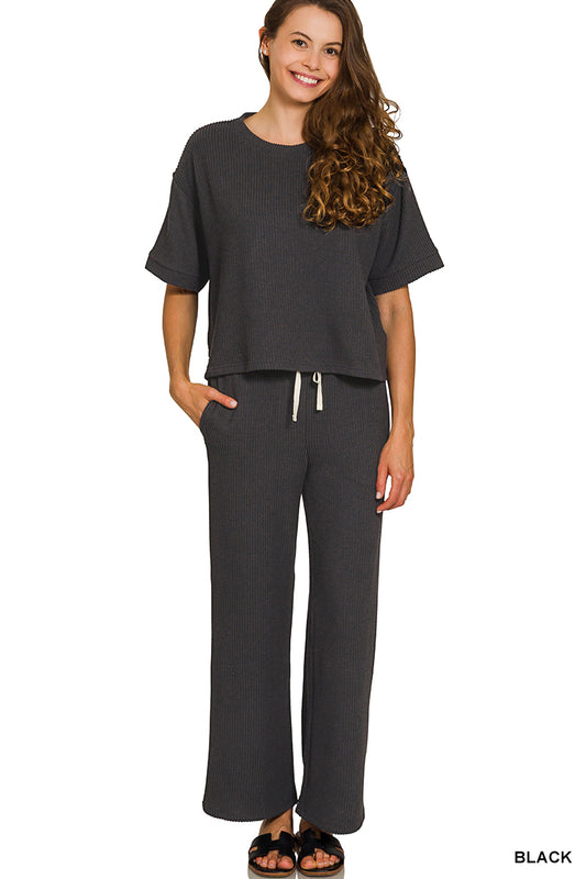 Black Raised Rib Short Sleeve Tee & Pants Set