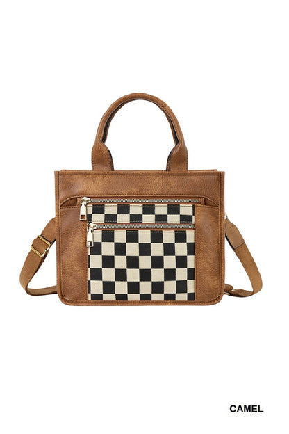 Camel Checkered Tote Bag Purse