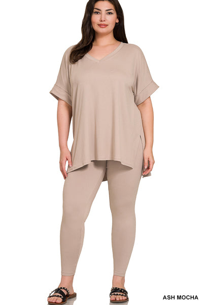 Mocha Microfiber Leggings Set with Short Sleeve Top