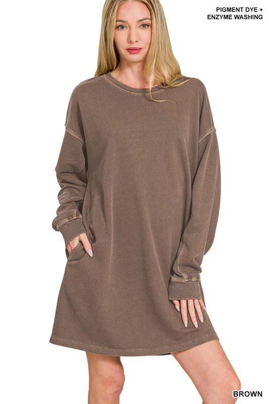 Brown Oversized Pigment Dyed Long Sleeve Dress