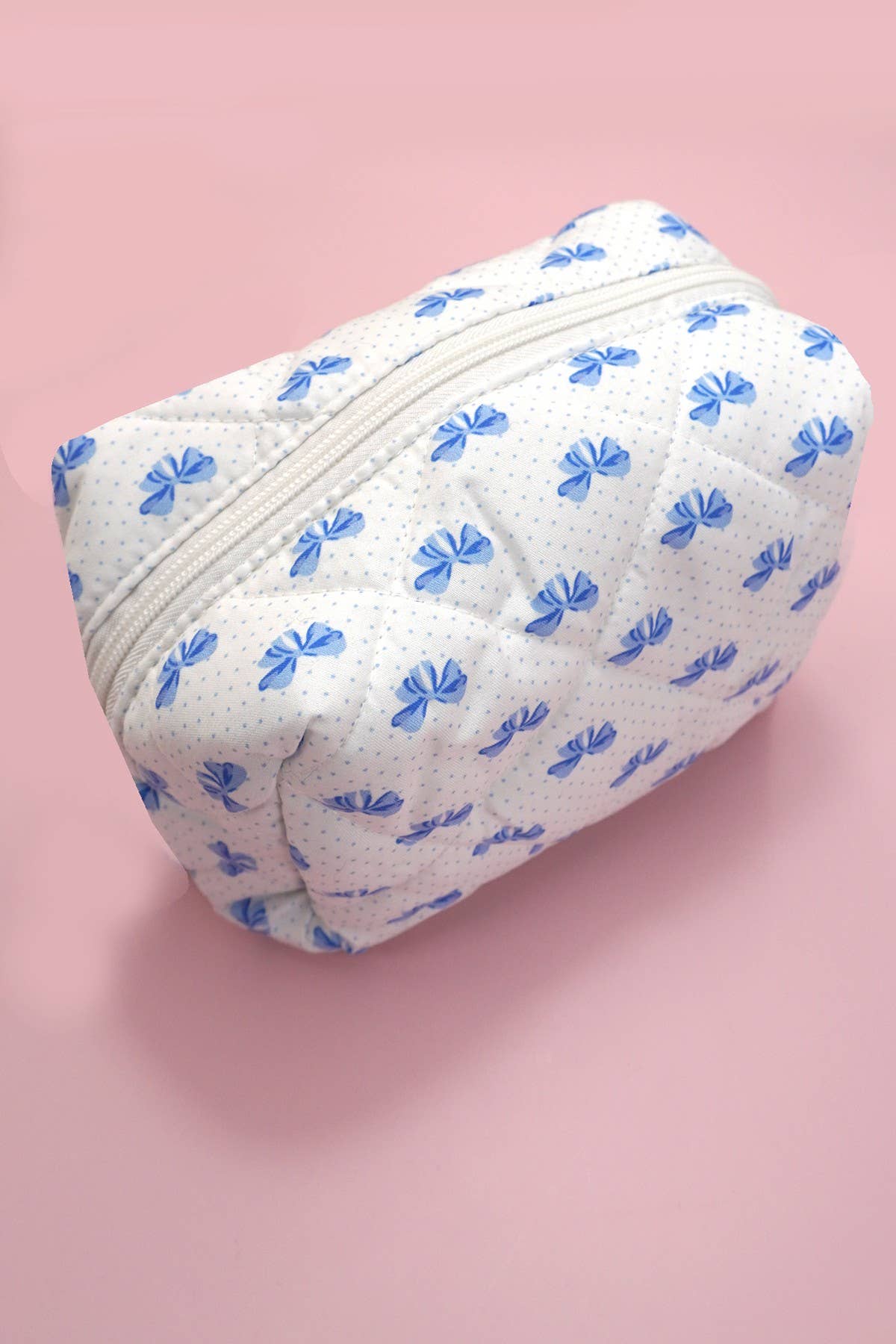 BLUE BOW QUILTED COTTON BOW COSMETIC POUCH BAG