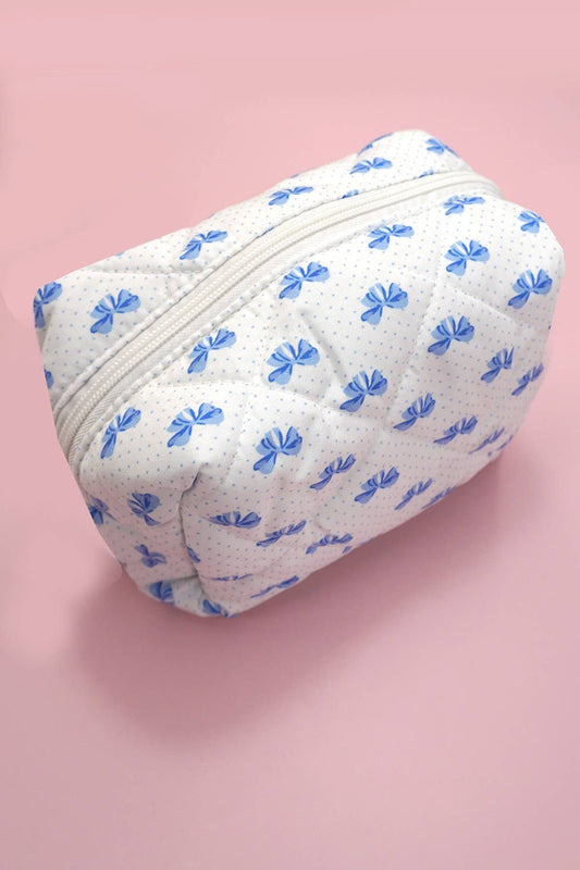 BLUE BOW QUILTED COTTON BOW COSMETIC POUCH BAG