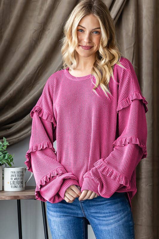 Coral Ruffle Sleeve Long Sleeve Top