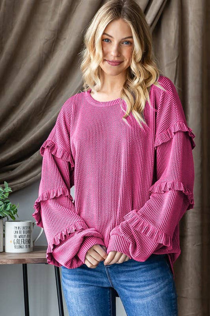 Coral Ruffle Sleeve Long Sleeve Top