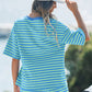 Green Striped Dropped Shoulder Tee Loose 2pcs Short Set