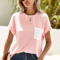 Pink Corded Knit Color Block Pocketed Crew Neck T Shirt
