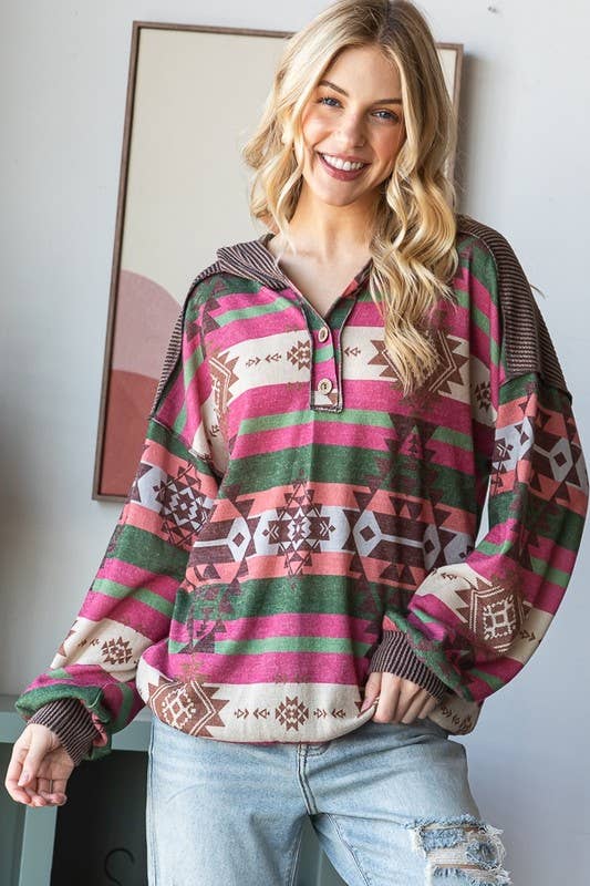 Aztec Print Hooded Long Sleeve Top
