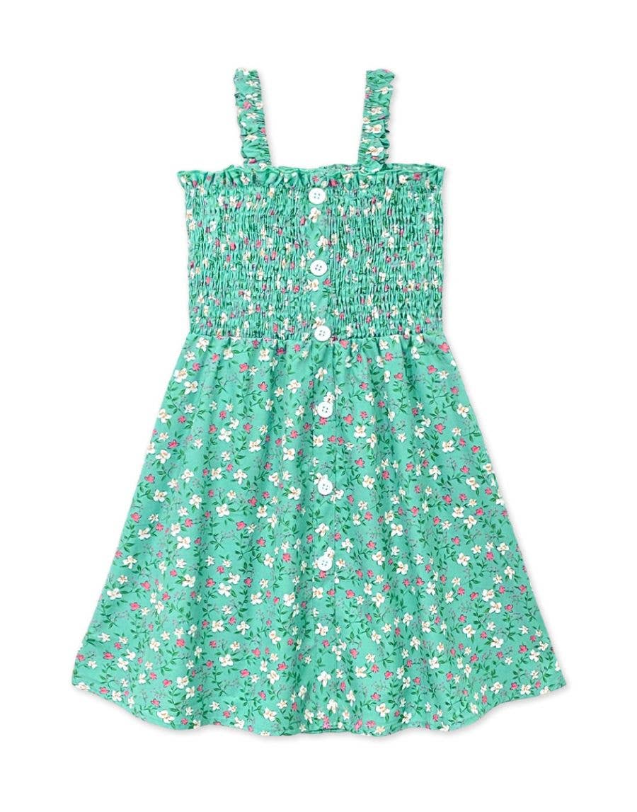 Girl's Teal Floral Dress w/ Smocking & Buttons