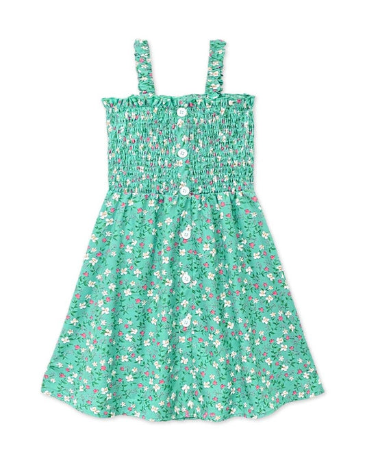Girl's Teal Floral Dress w/ Smocking & Buttons